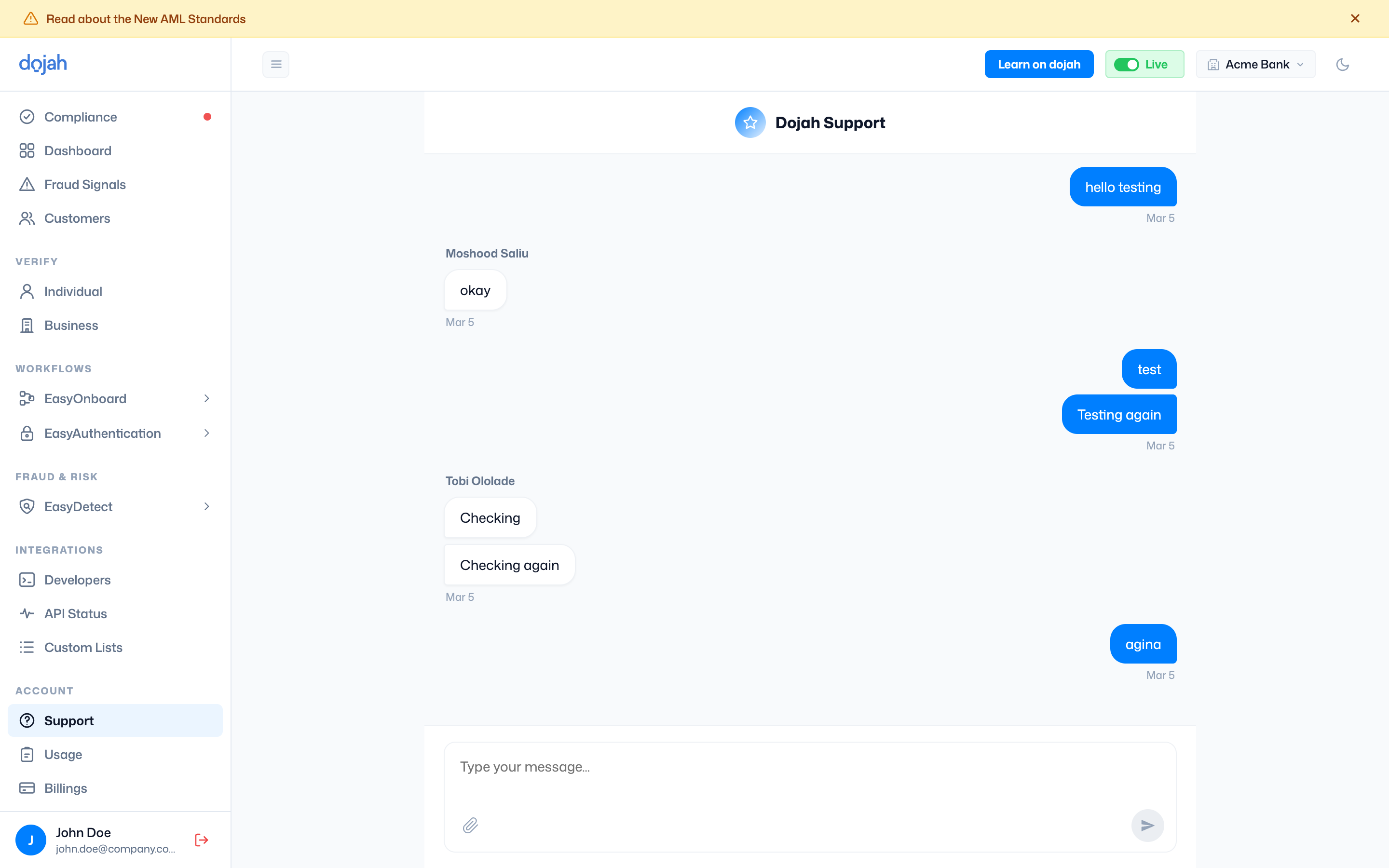 The Support chat in the Dojah dashboard