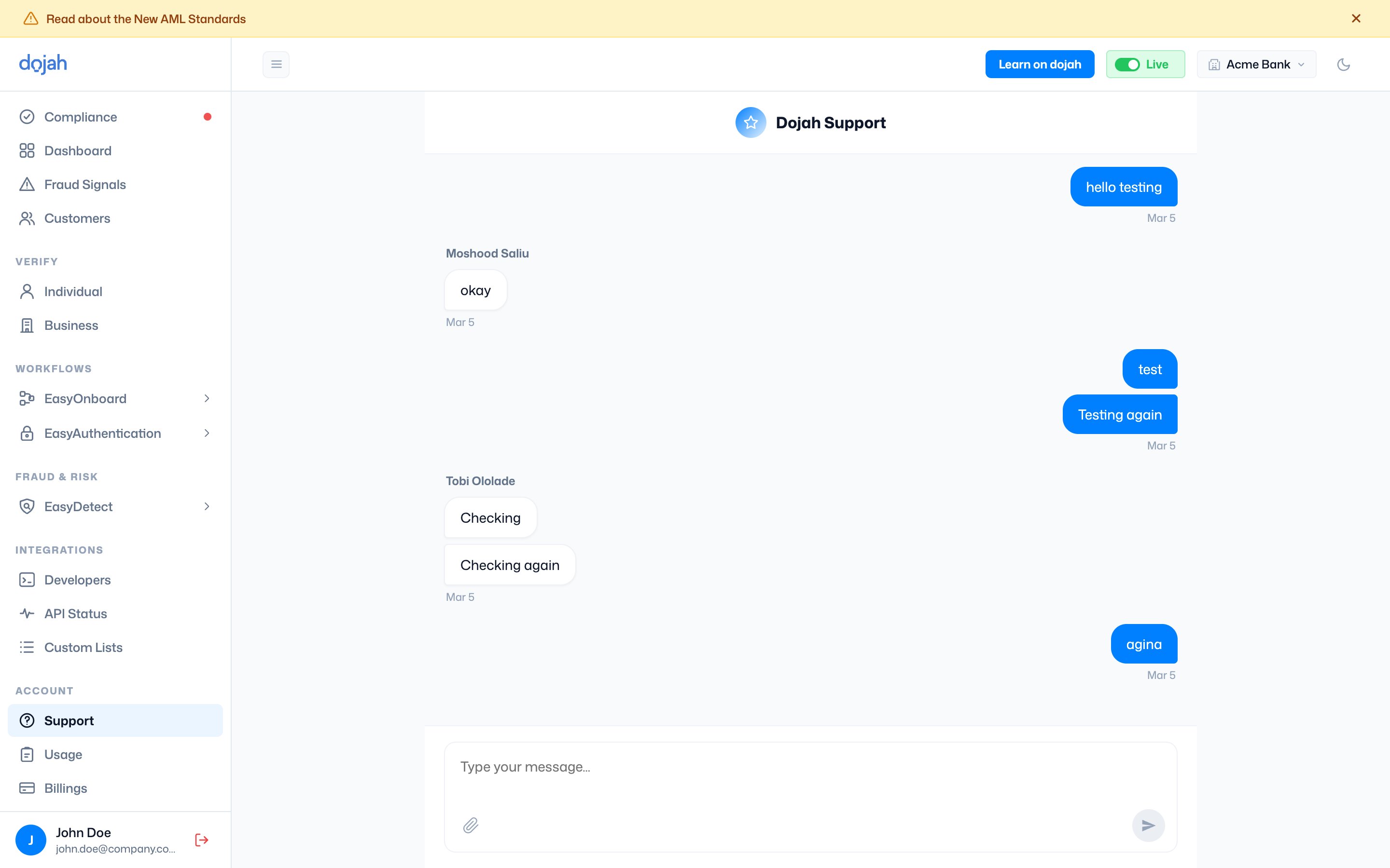 The Support chat in the Dojah dashboard