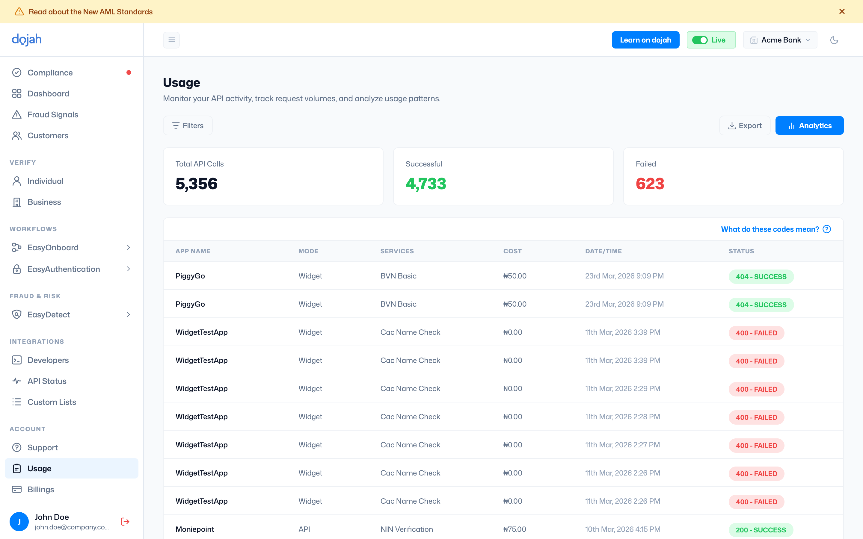 The Usage log in the Dojah dashboard