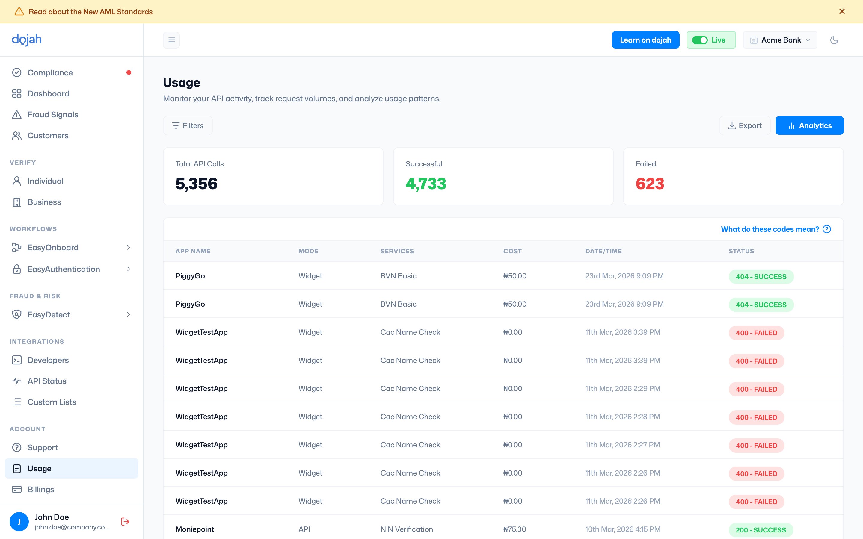 The Usage log in the Dojah dashboard