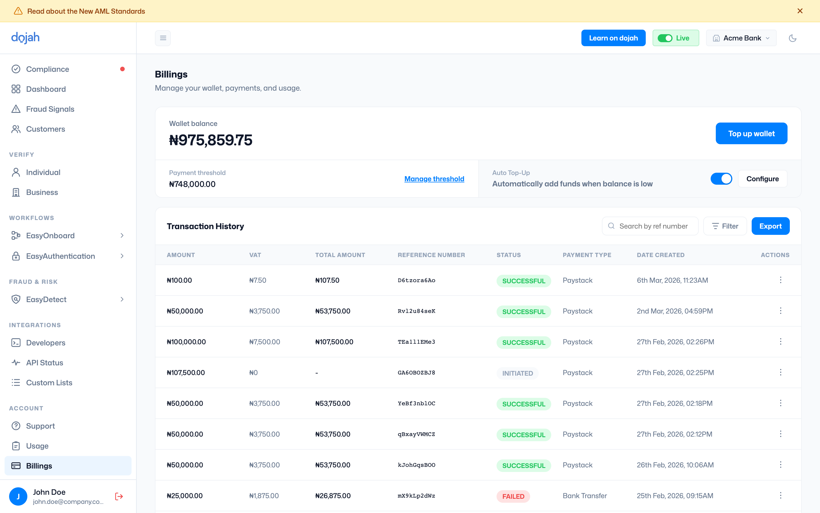 The wallet balance card and transaction history on the Billings page