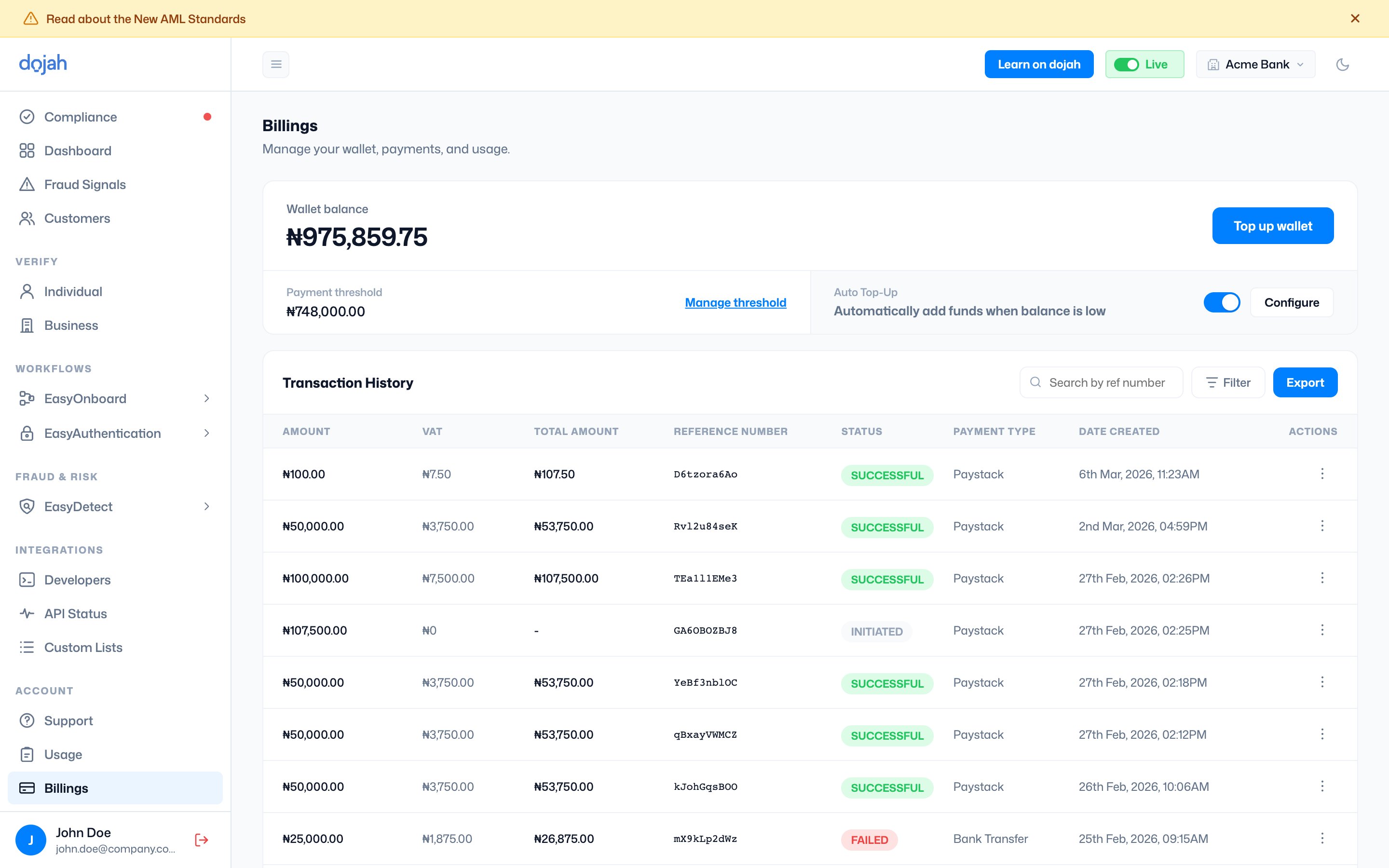 The wallet balance card and transaction history on the Billings page