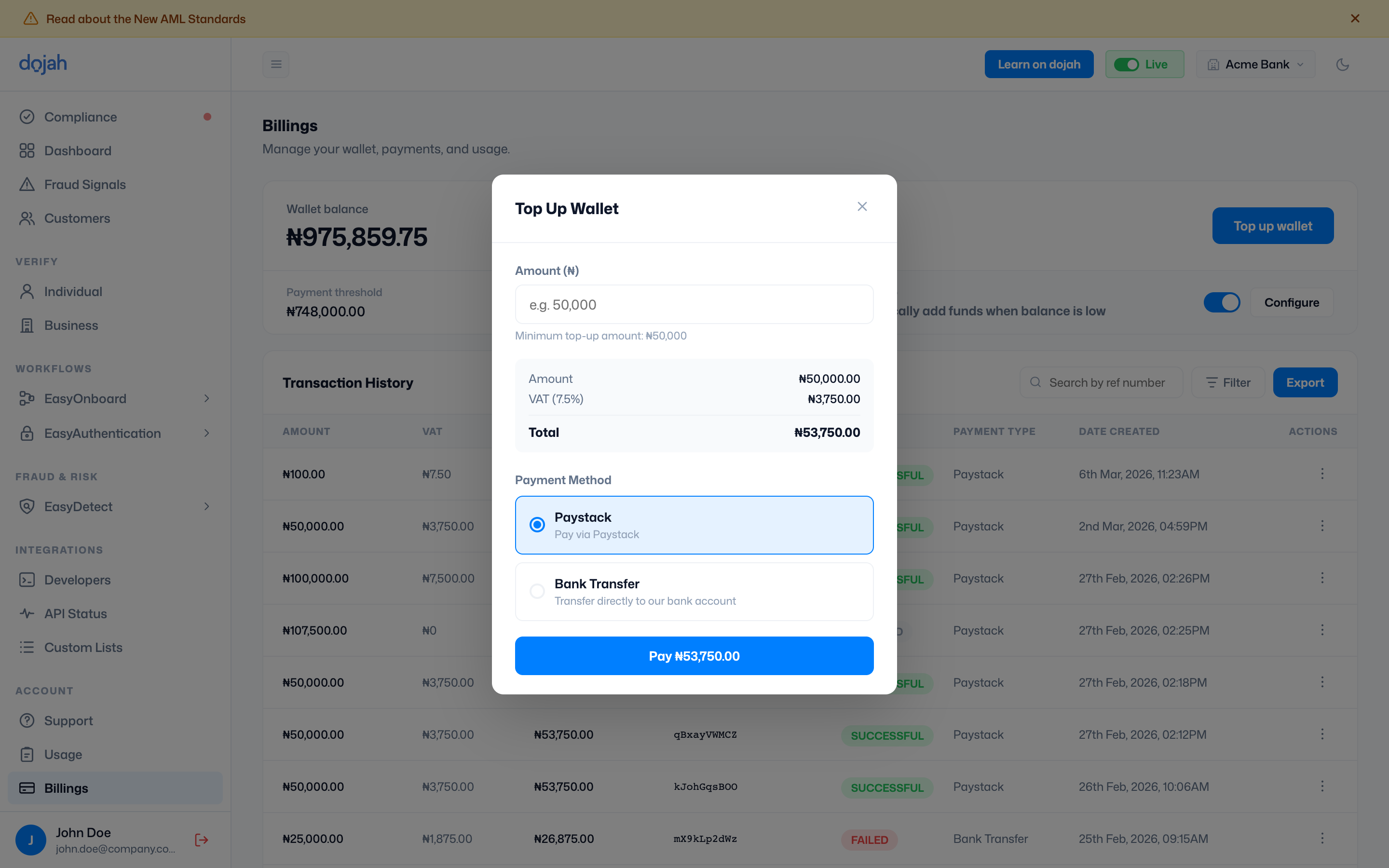 The Top Up Wallet modal — amount, VAT, and payment method
