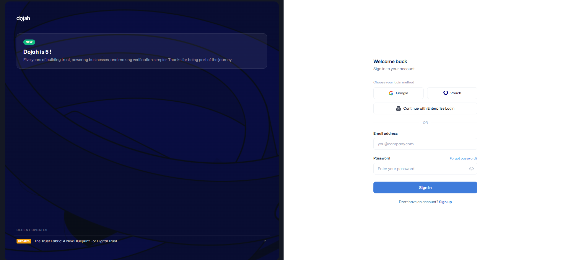 Continue with Enterprise Login on the Dojah sign-in screen