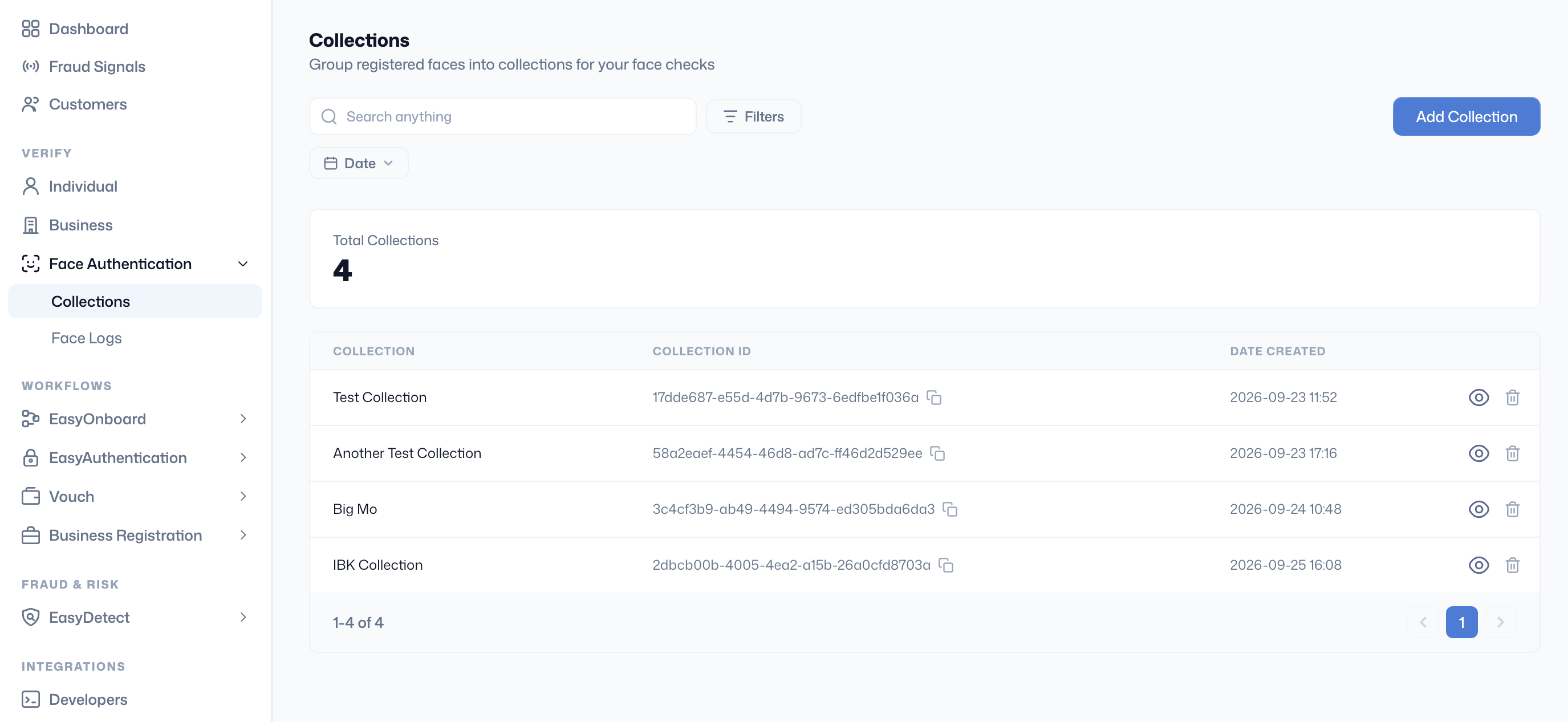 The Face Authentication Collections page listing named collections