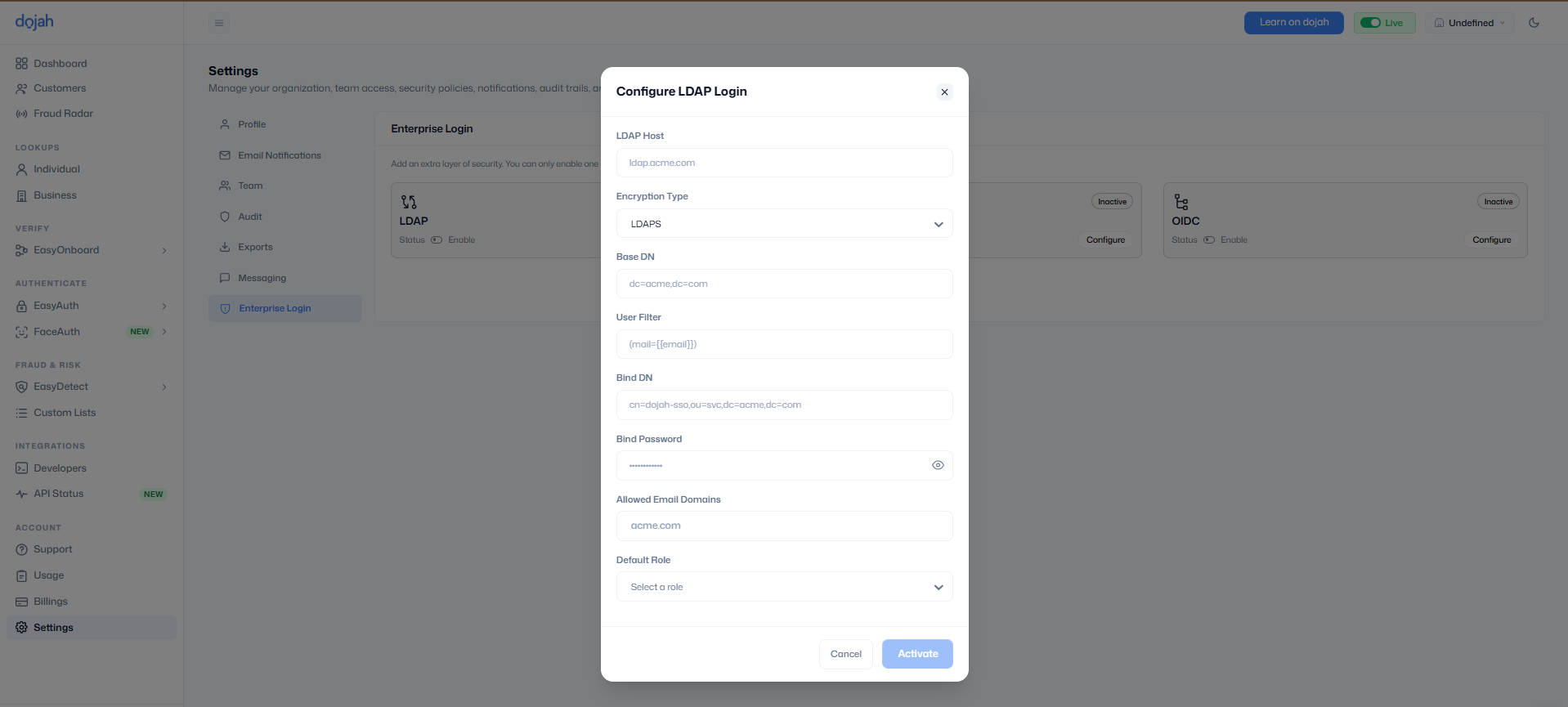 The Configure LDAP Login dialog