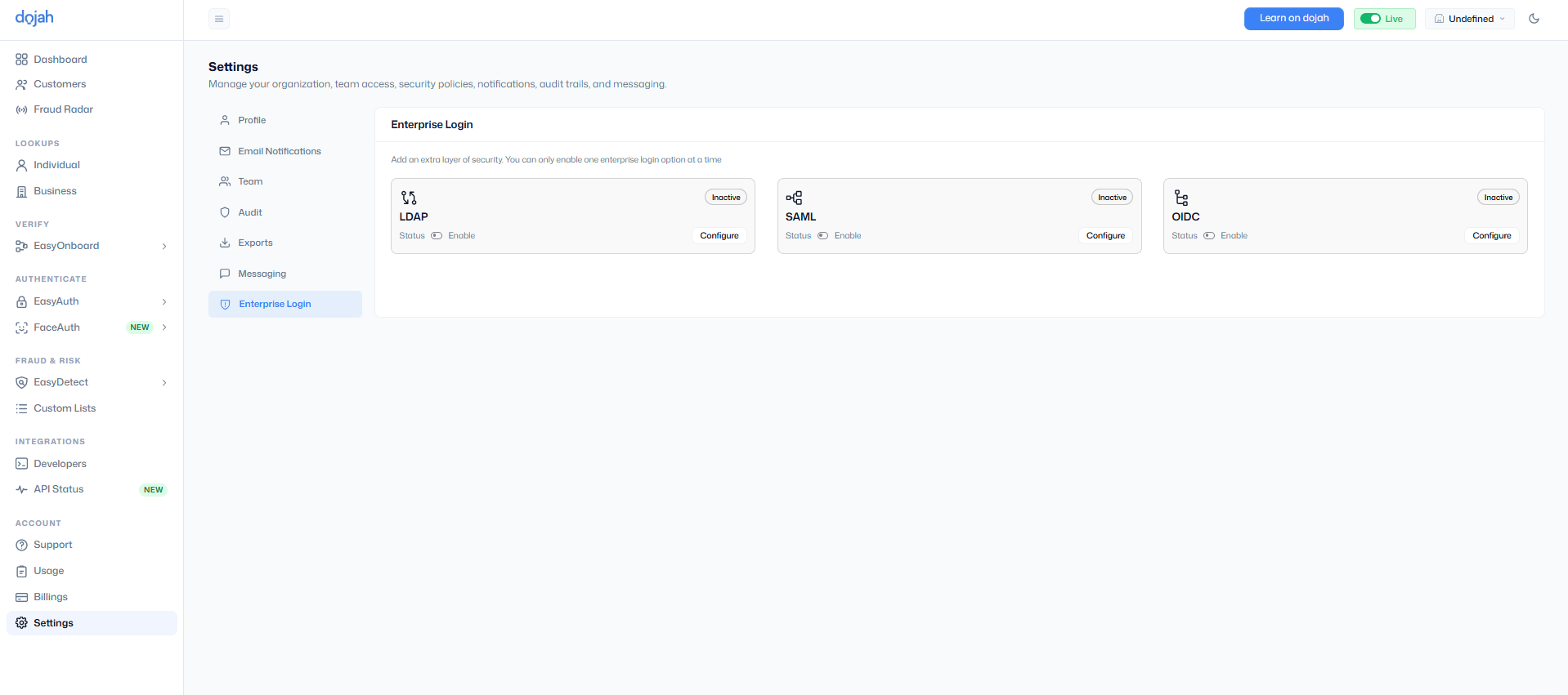 Enterprise Login options for LDAP, SAML, and OIDC