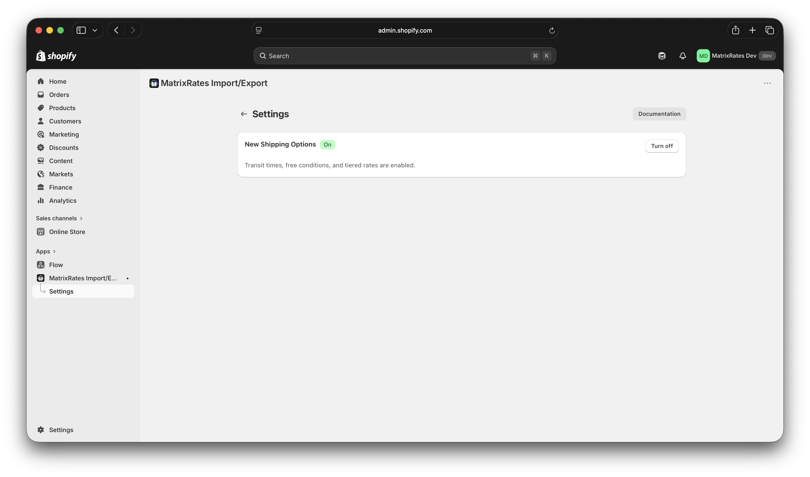 Settings page showing the New Shipping Options toggle