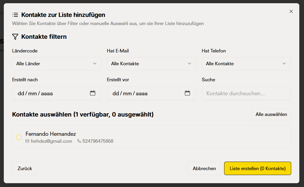 Kontakte für Liste filtern
