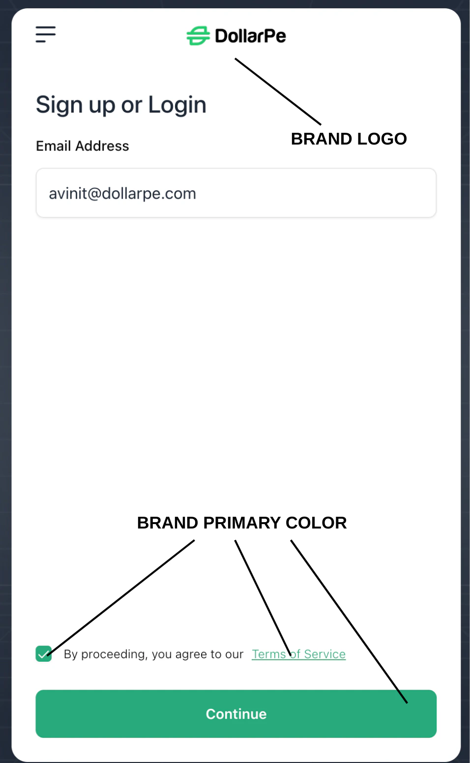 Widget showing partner logo, accent color on buttons, and branded layout.