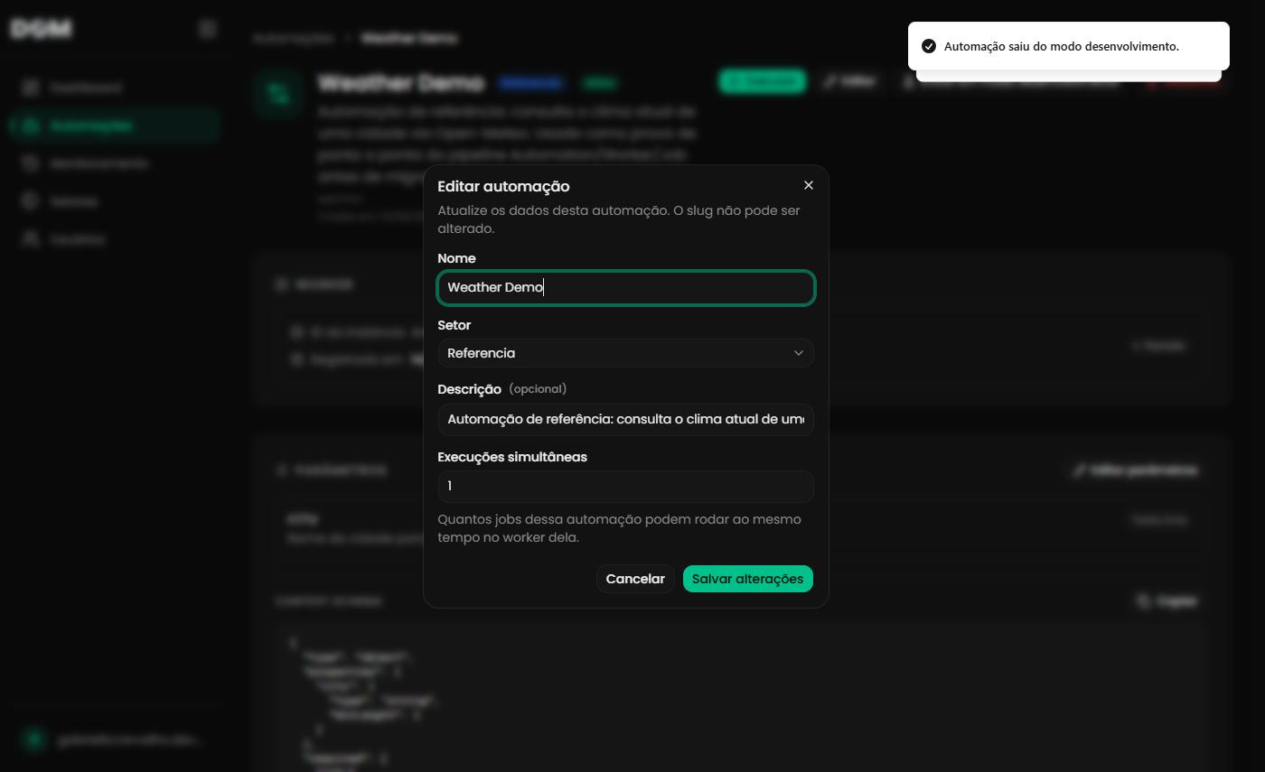 Formulário de edição de uma automação