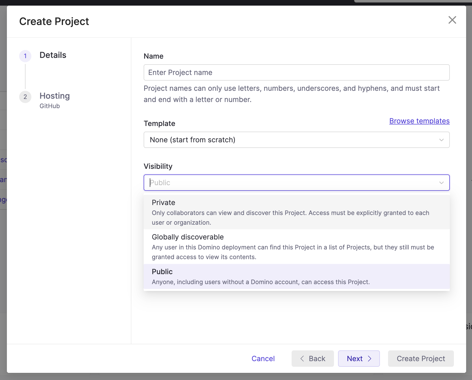 Create Project modal with Visibility set to Public