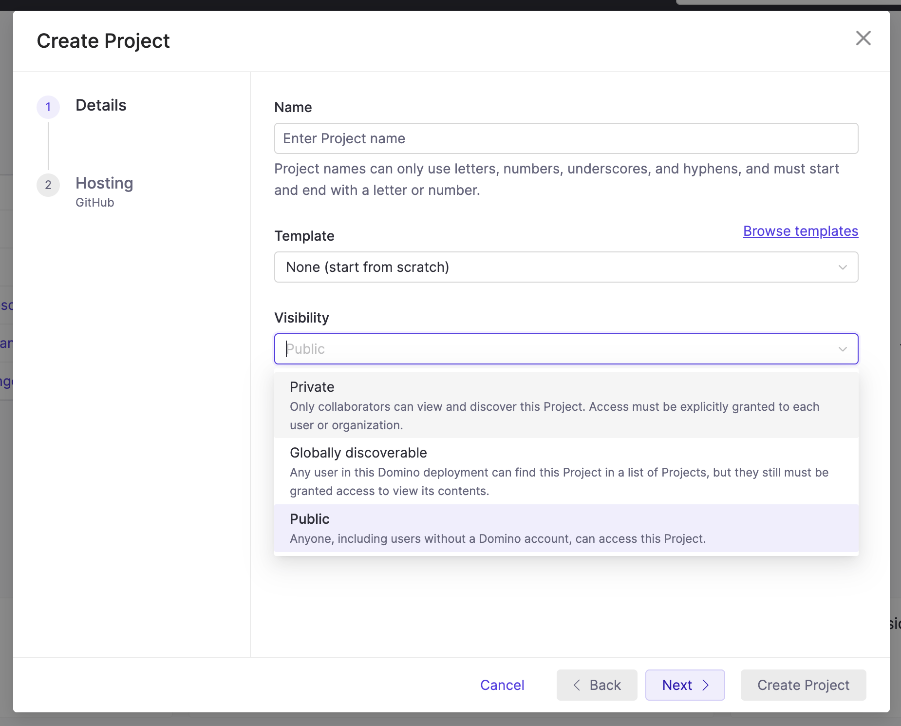 Create Project modal with Visibility set to Public