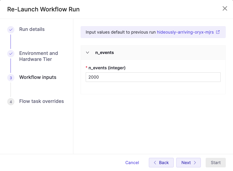 Customize workflow inputs as part of the new run