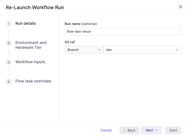 Configure run details in the first step of the rerun wizard