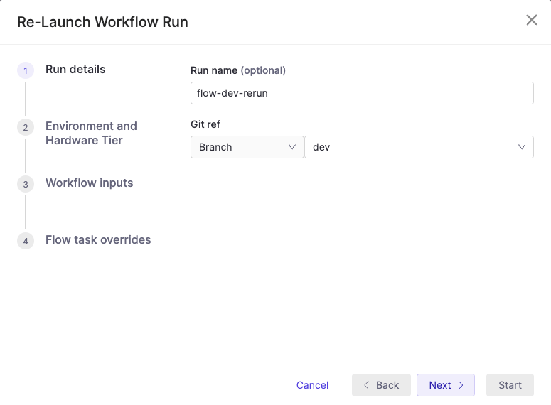 Configure run details in the first step of the rerun wizard