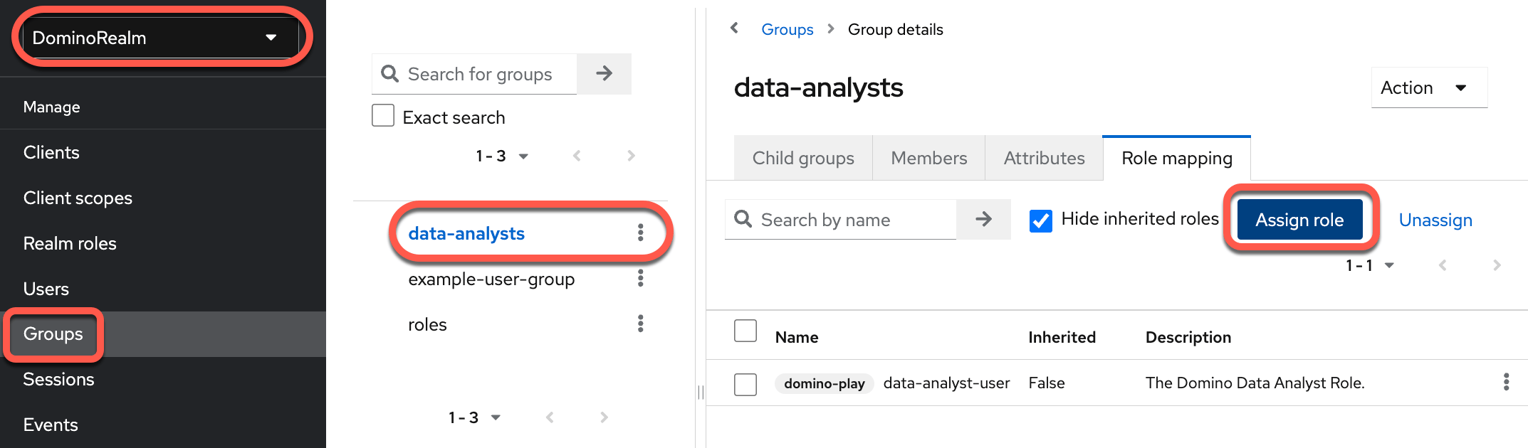 Use Keycloak groups to assign the Data Analyst role