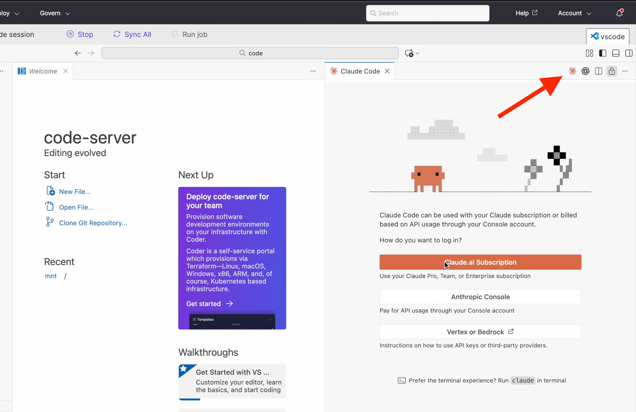 Click the Claude Code icon in the sidebar, then choose your authentication method.