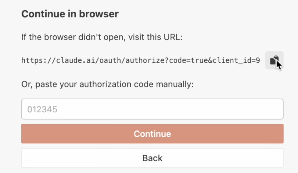 Copy the authentication URL and open the link in your browser to complete the login