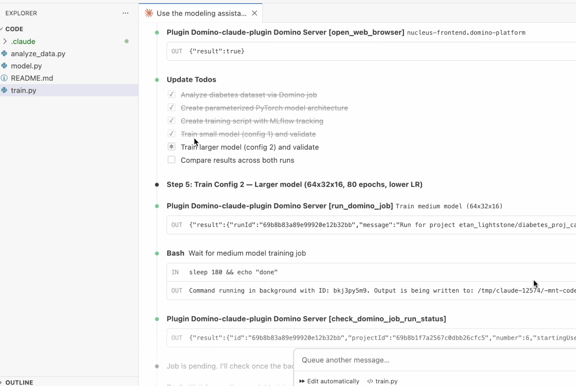 The modeling assistant creates model architectures, submits training as Domino Jobs, and monitors progress