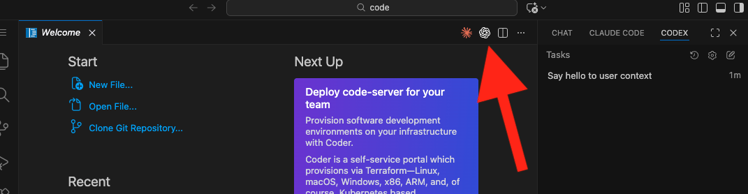After authenticating and refreshing, open the Codex tab in the sidebar to use the VS Code extension
