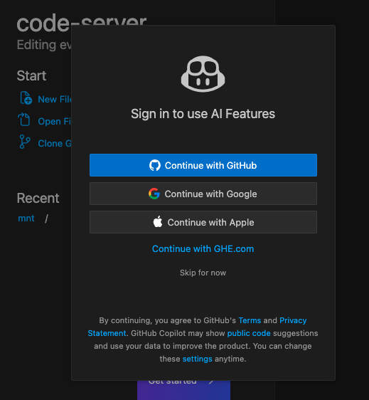 Choose your authentication method to sign in to Copilot