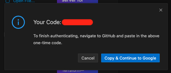Click Copy & Continue to open the authentication page in a new window and paste your device code