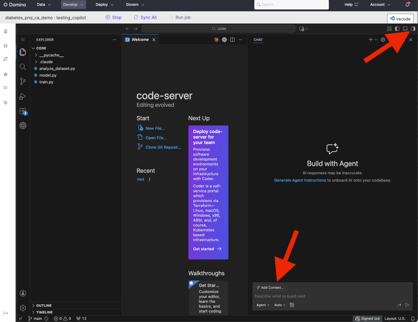 Open the Chat panel and type a message to trigger the sign-in flow