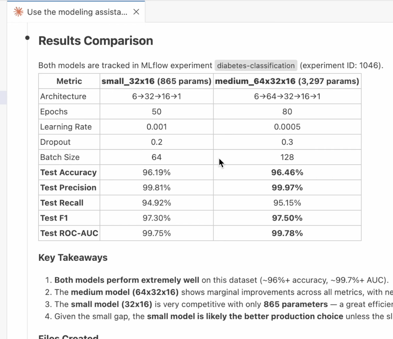 The modeling assistant compares both models and provides recommendations based on accuracy, efficiency, and parameter count