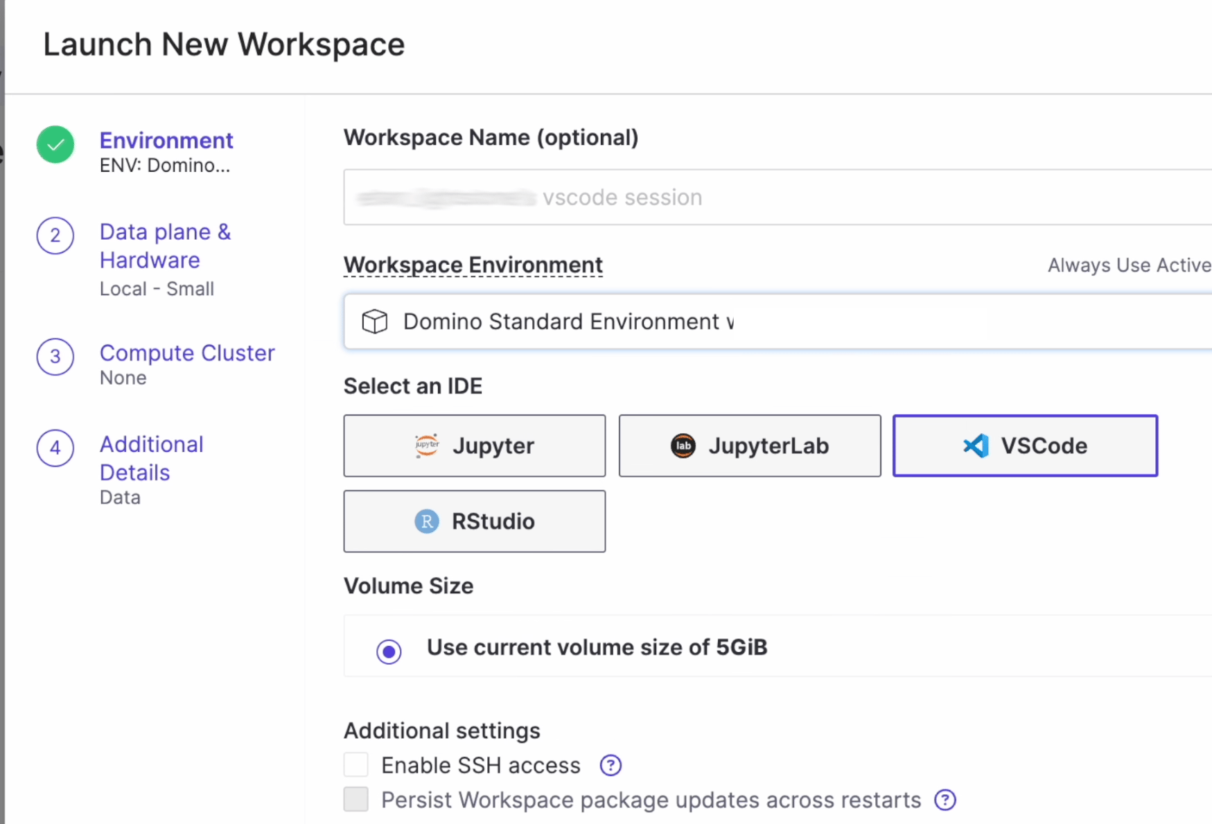 Select the Domino Standard Environment and VS Code when launching a new workspace