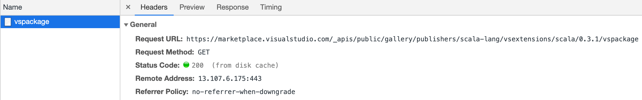 Get vspackage download URL from browser development tools
