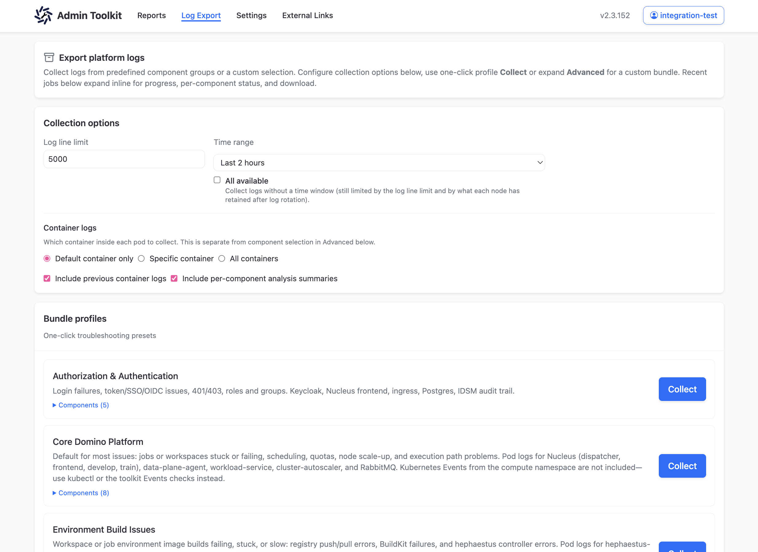 Toolkit Log Export page