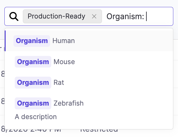 Apps and Agents listing filtered by tag, showing autocomplete suggestions for the Organism namespace