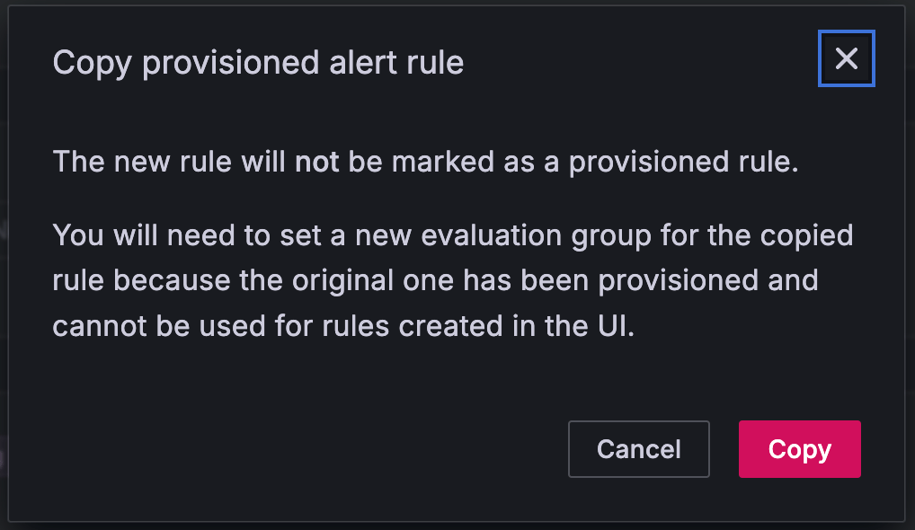 Copy provisioned alert