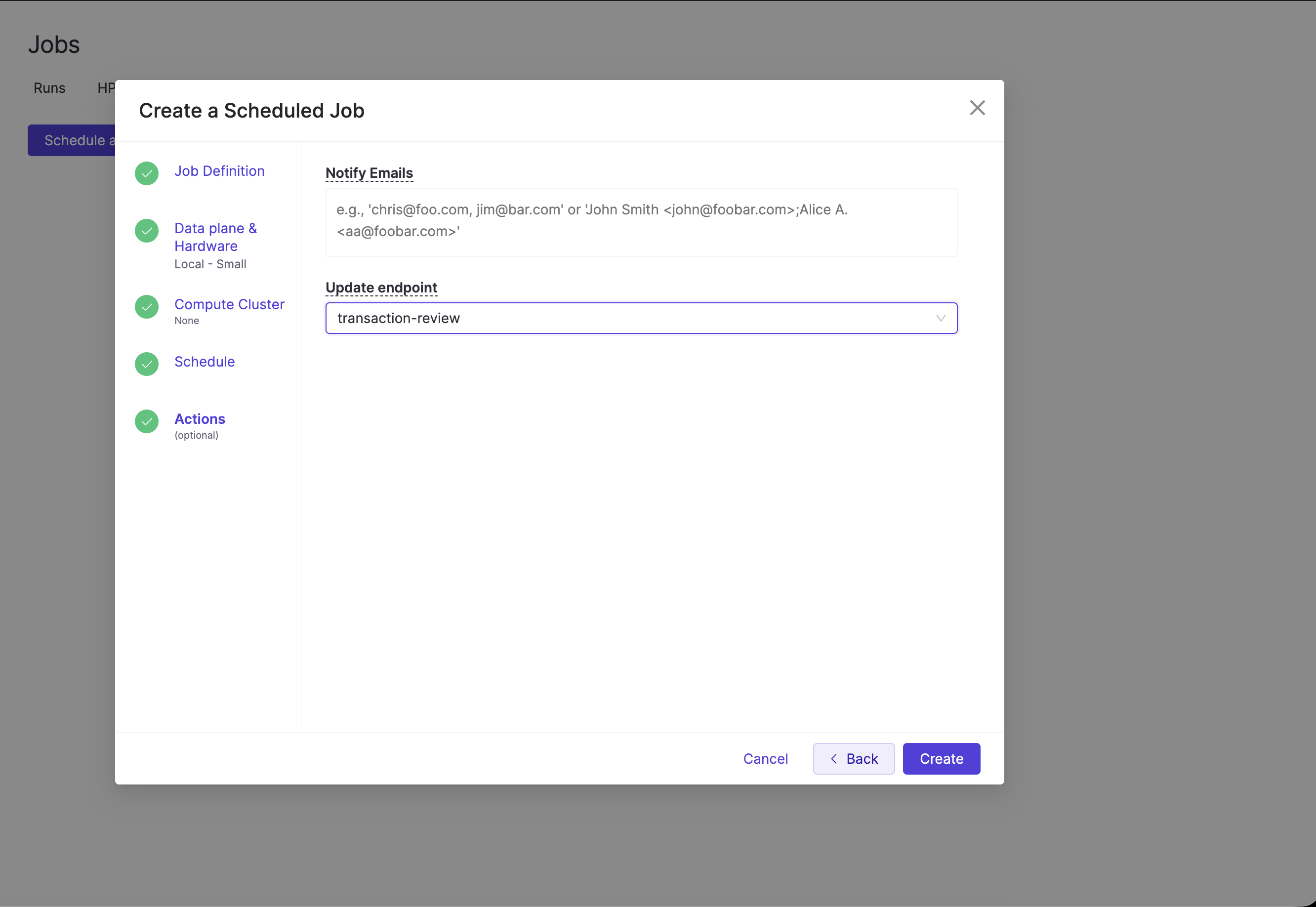 Actions step of the Create a Scheduled Job dialog