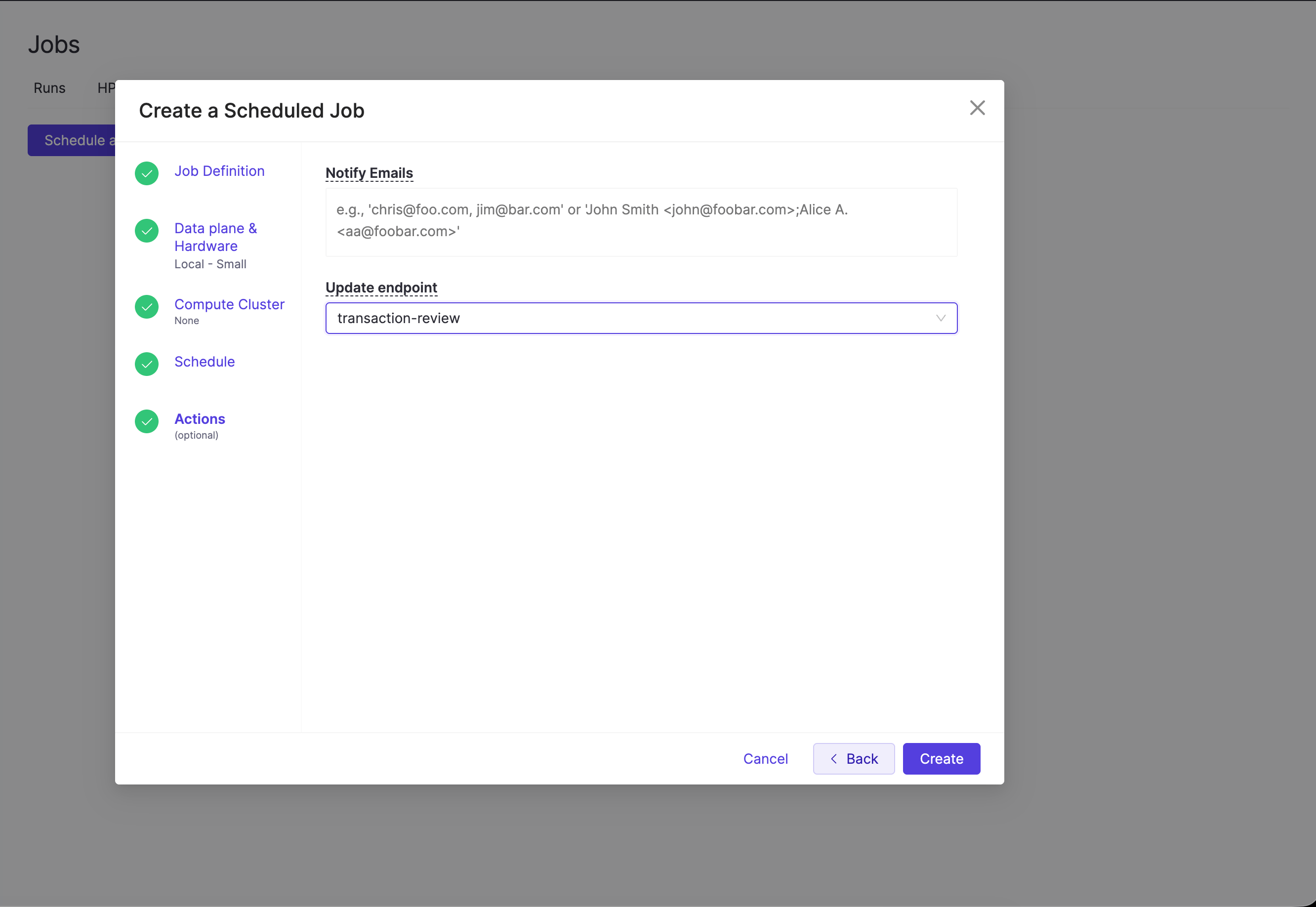 Actions step of the Create a Scheduled Job dialog