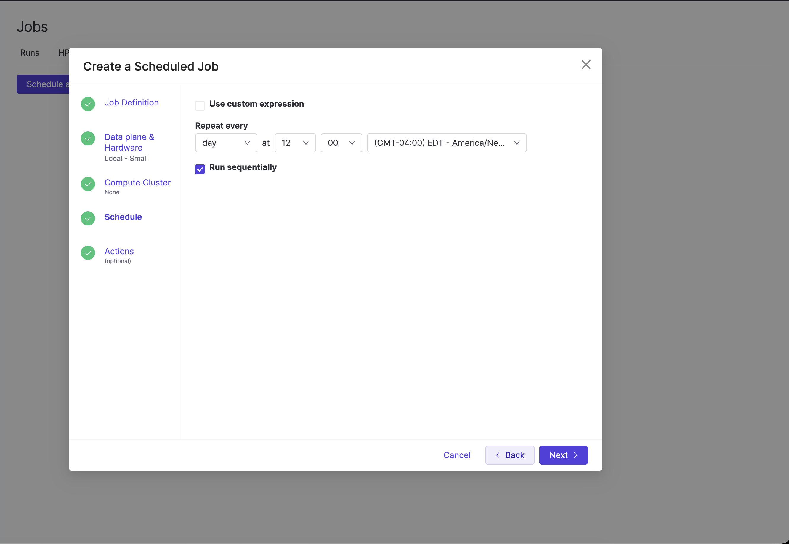 Schedule step of the Create a Scheduled Job dialog