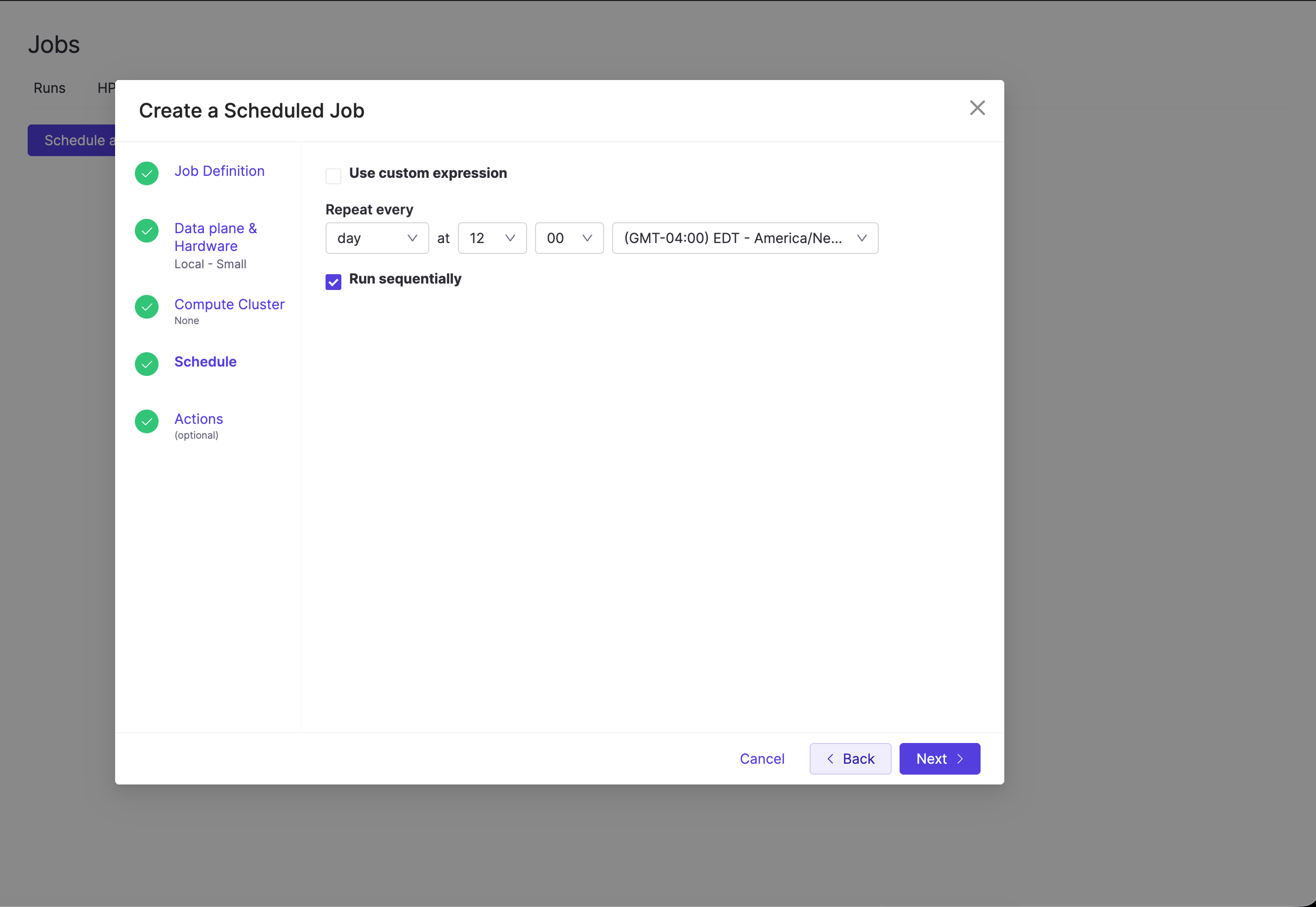 Schedule step of the Create a Scheduled Job dialog