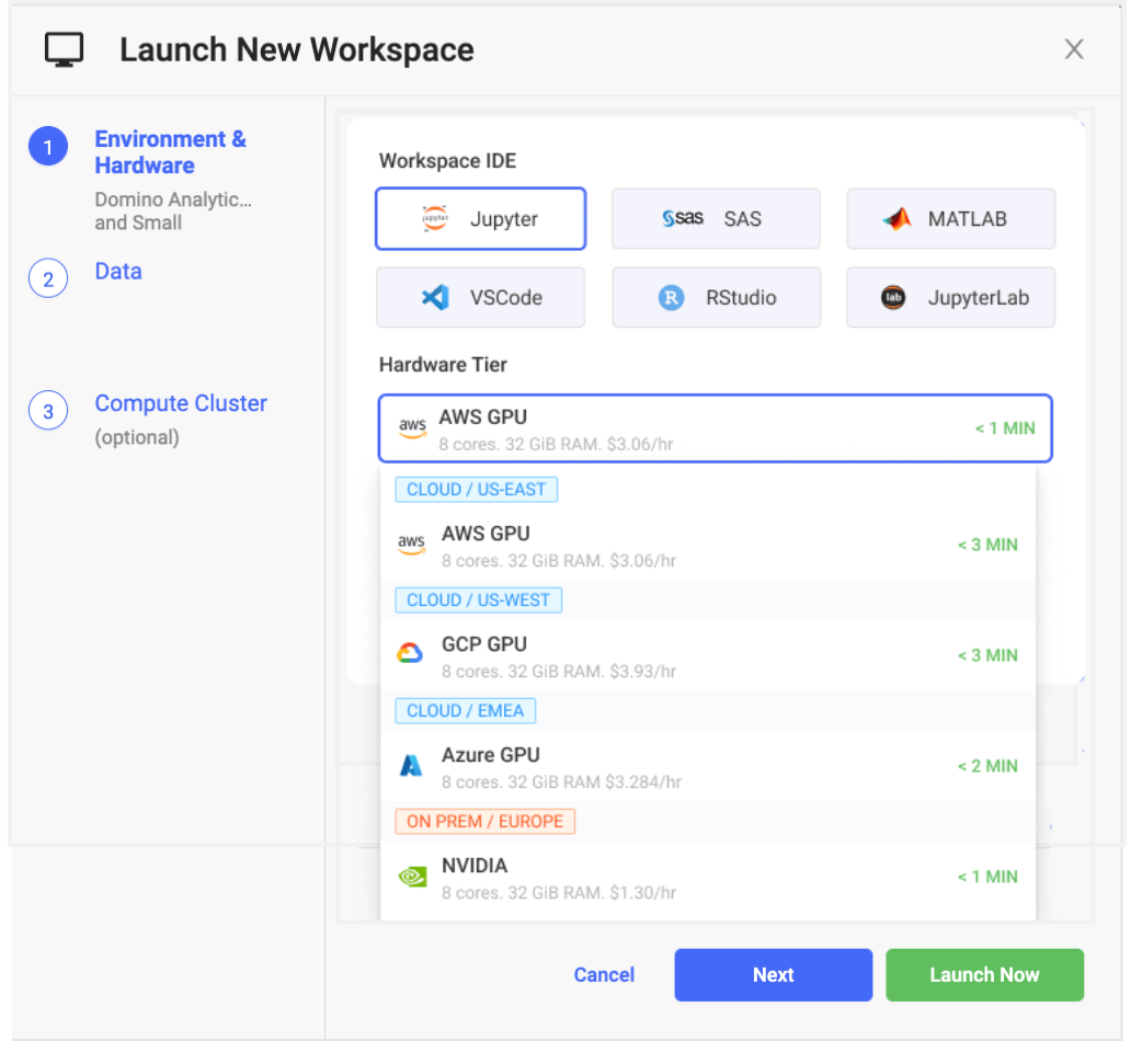 The Launch New Workspace dialog showing the hardware tier selector, with tiers grouped by Data Plane: CLOUD / US-EAST, CLOUD / US-WEST, CLOUD / EMEA, and ON PREM / EUROPE.