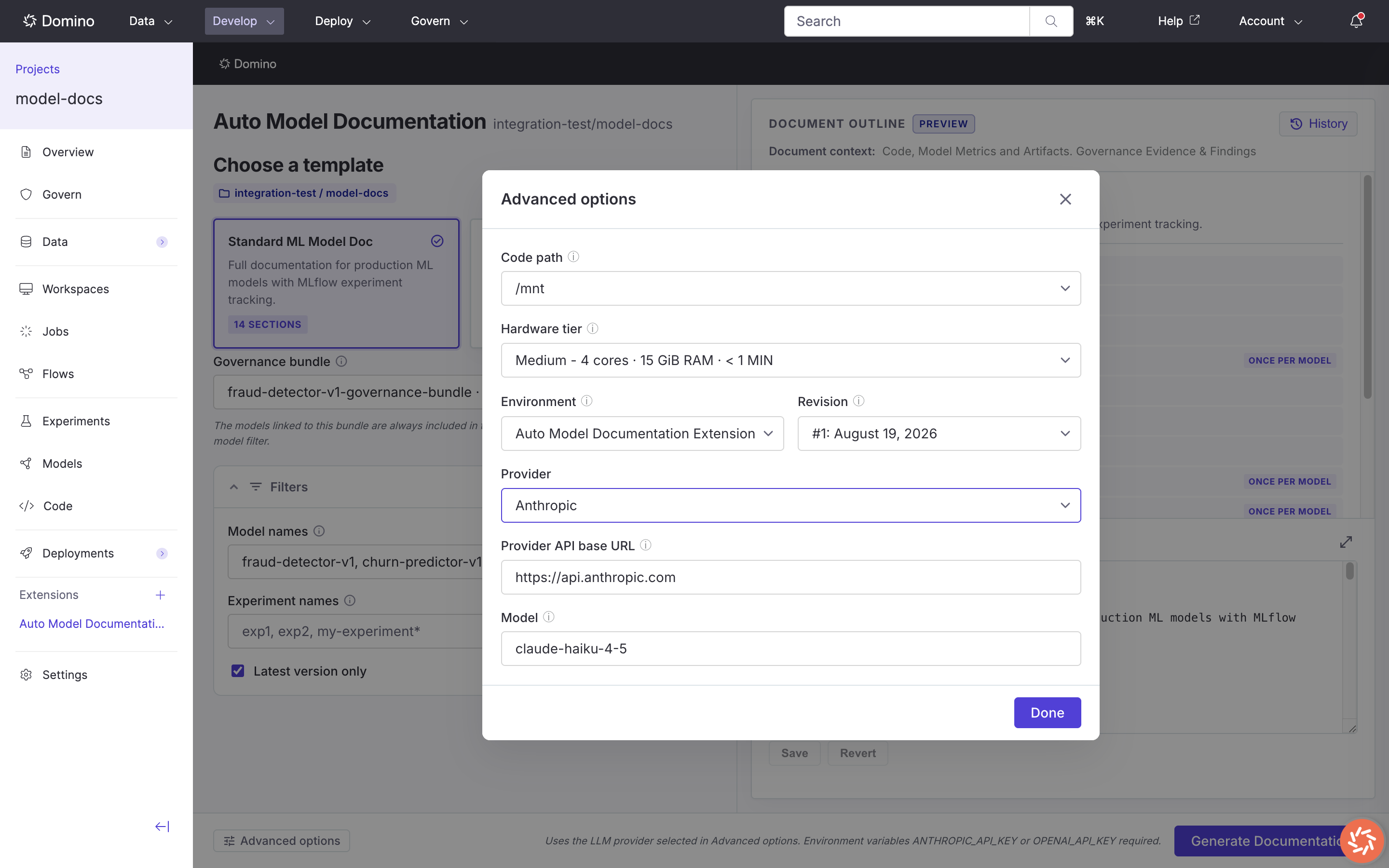 Advanced options with Anthropic provider selected