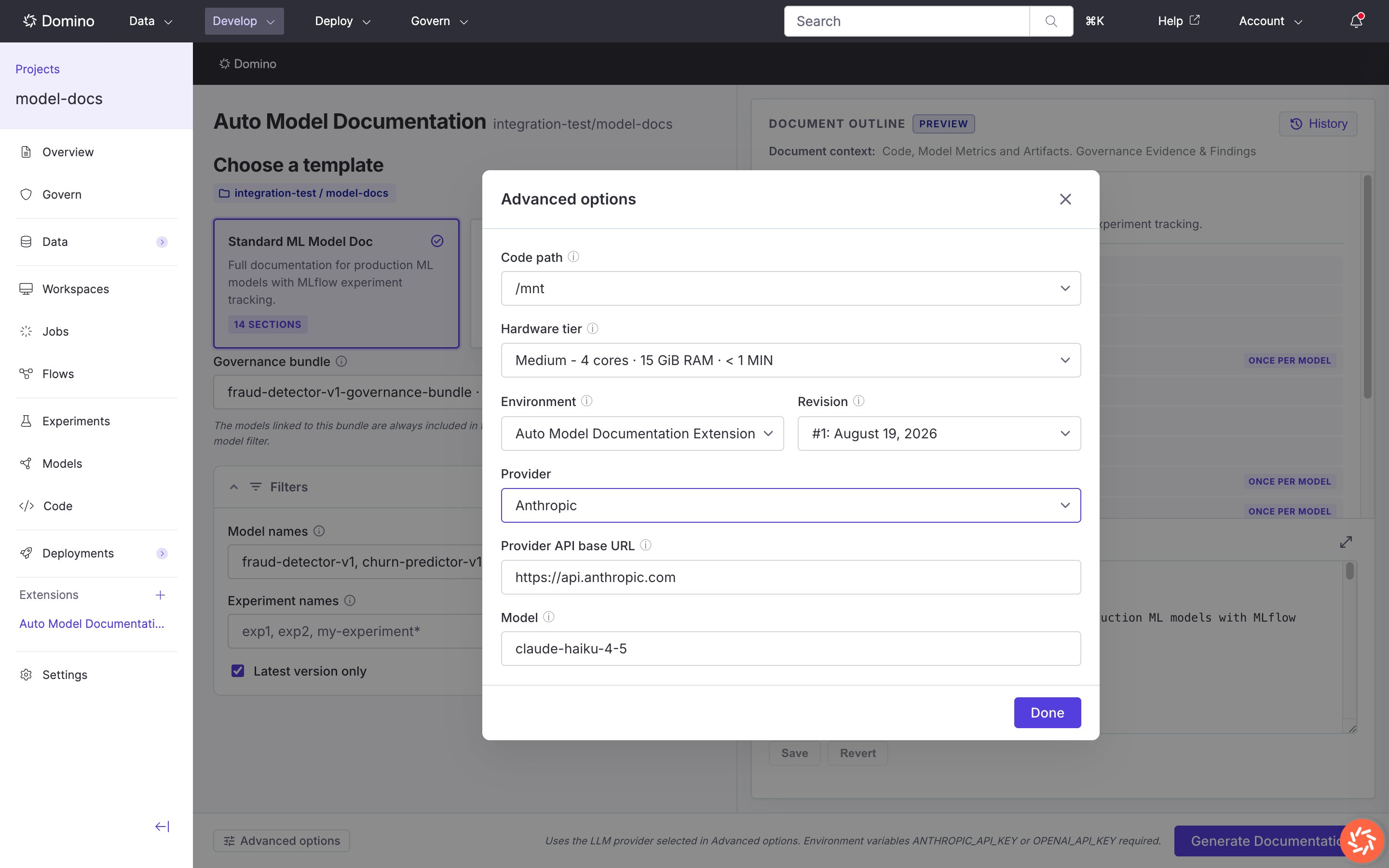 Advanced options with Anthropic provider selected