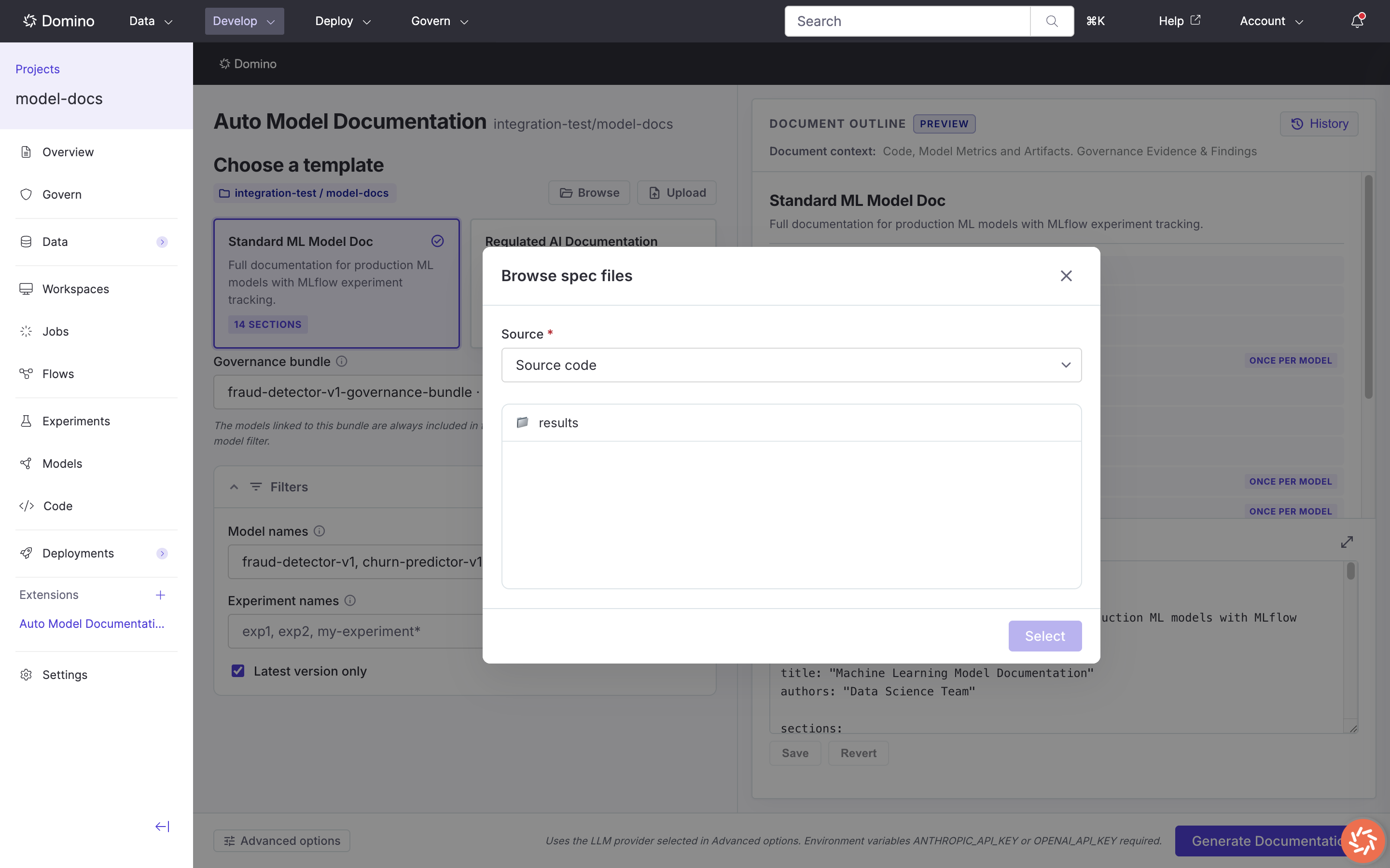 Browse spec files modal