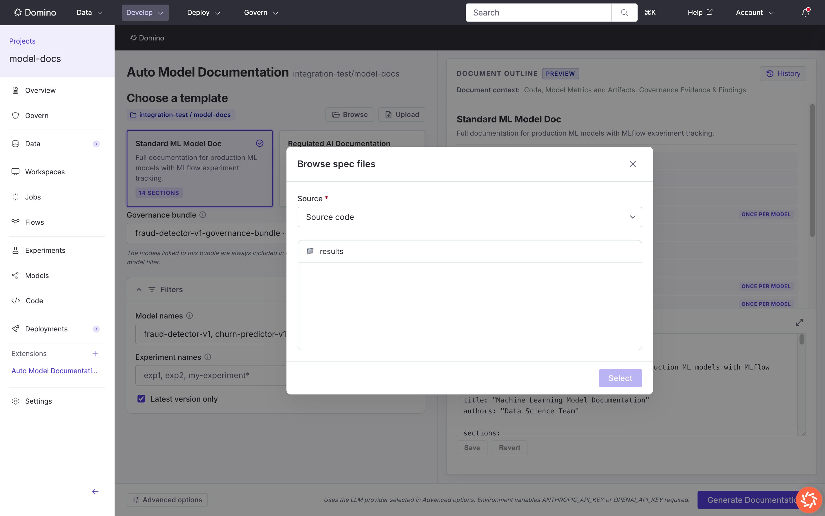 Browse spec files modal