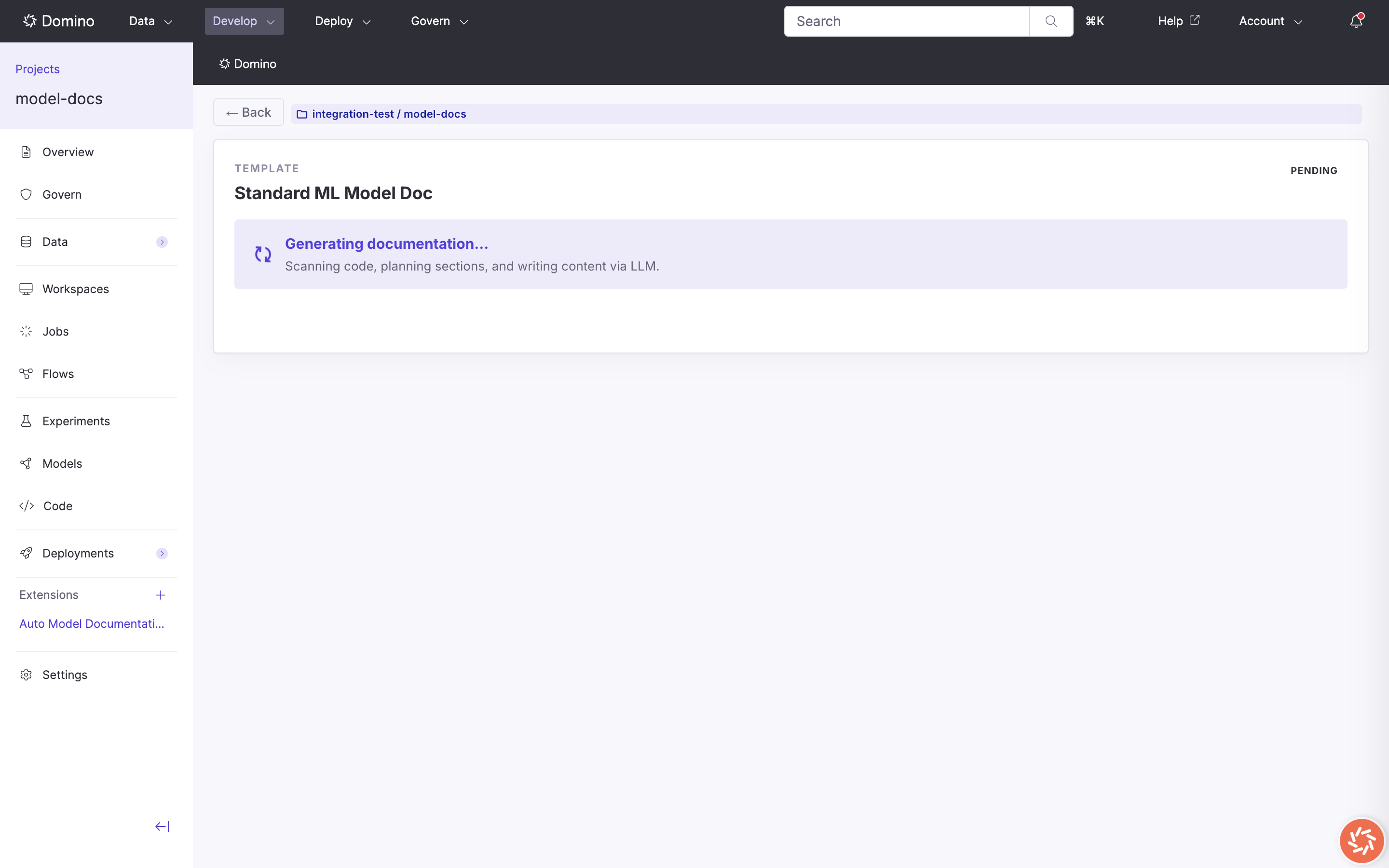 Results view while documentation is generating