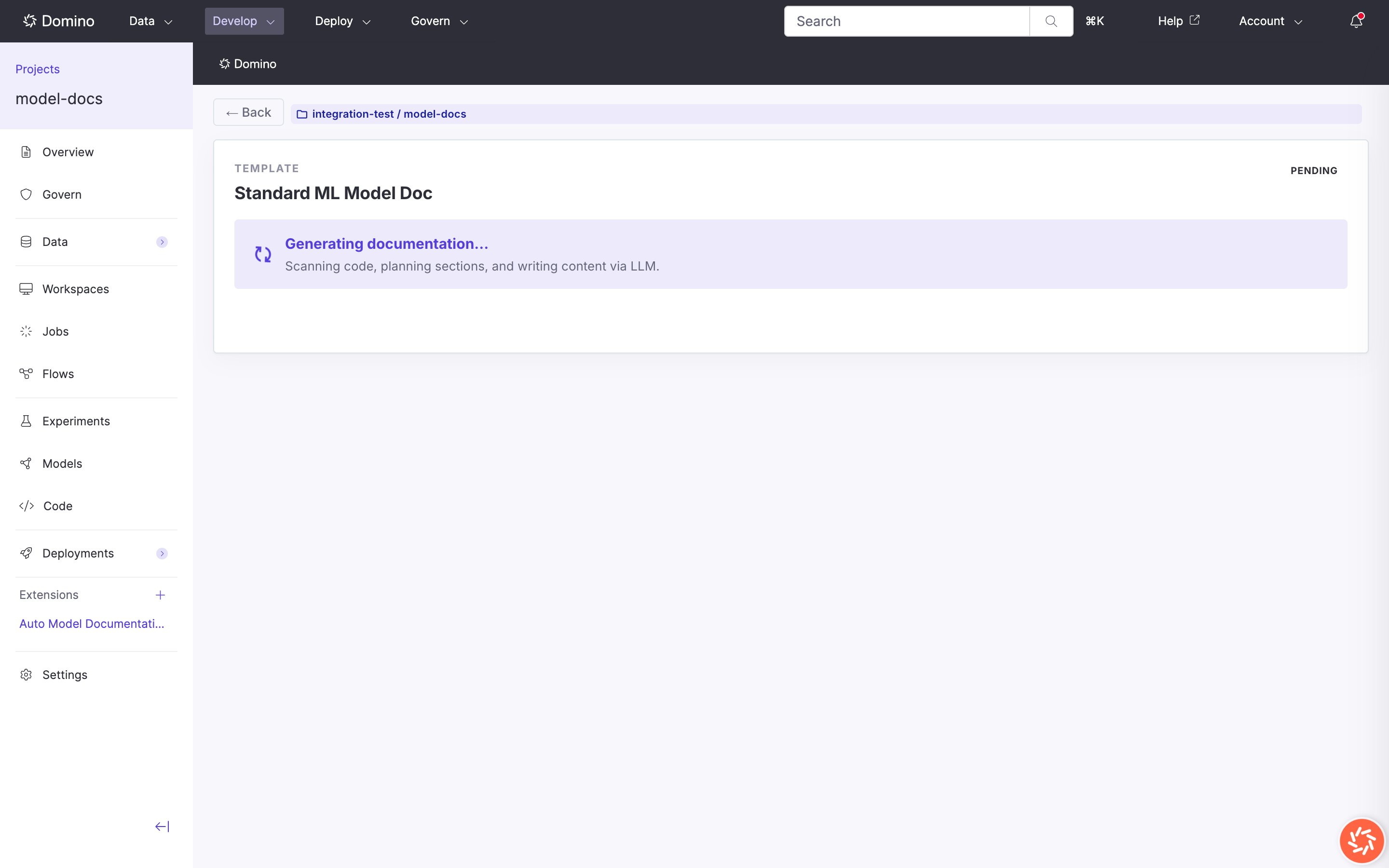 Results view while documentation is generating