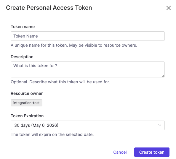 Create Personal Access Token dialog