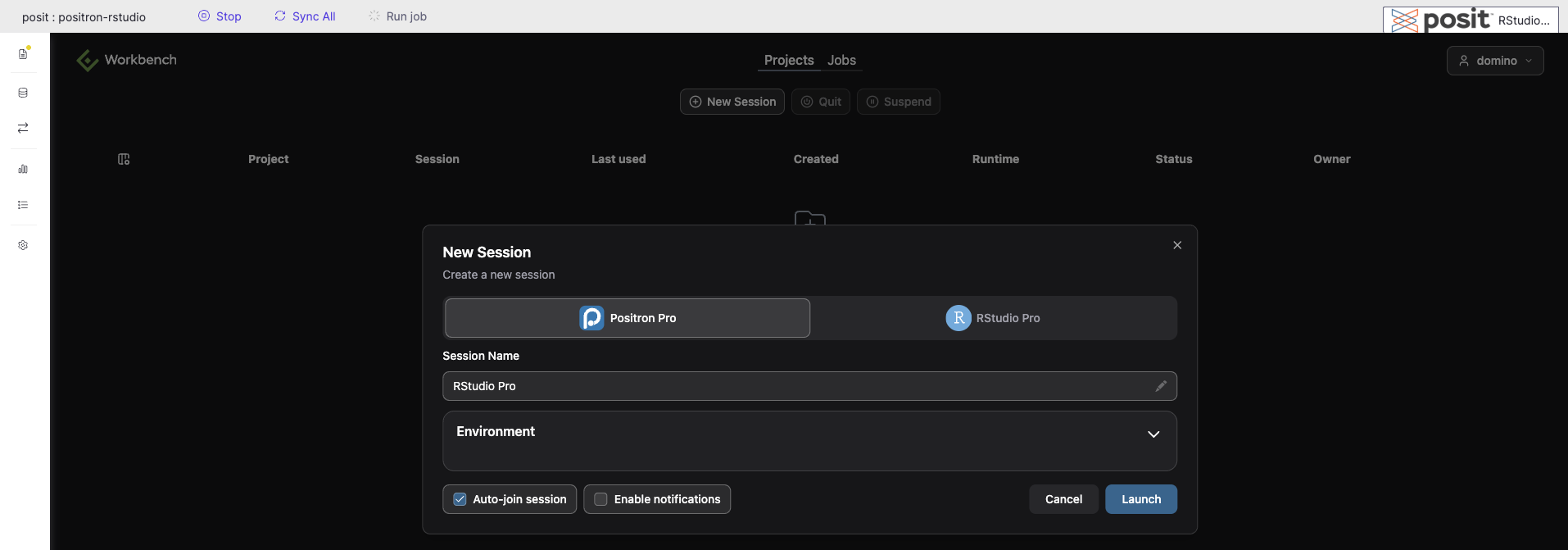 New Session dialog in Posit Workbench with Positron Pro selected.