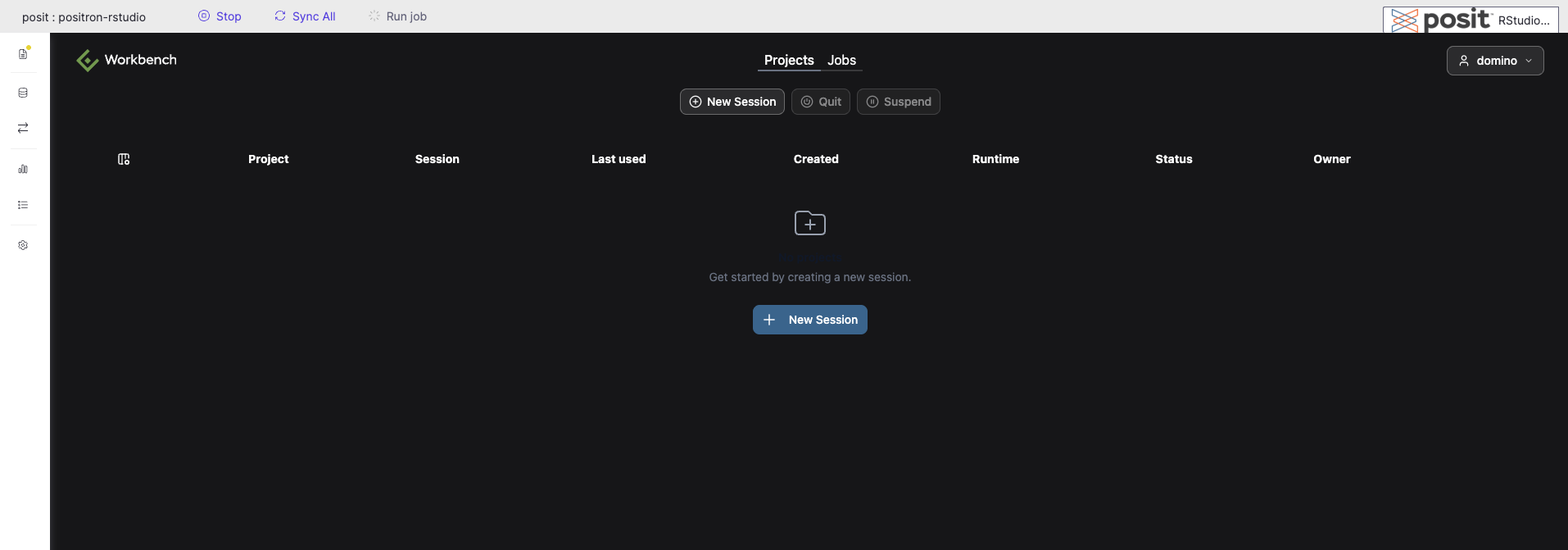 Posit Workbench Projects view with the New Session button.