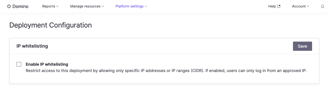 IP Whitelisting configuration main page