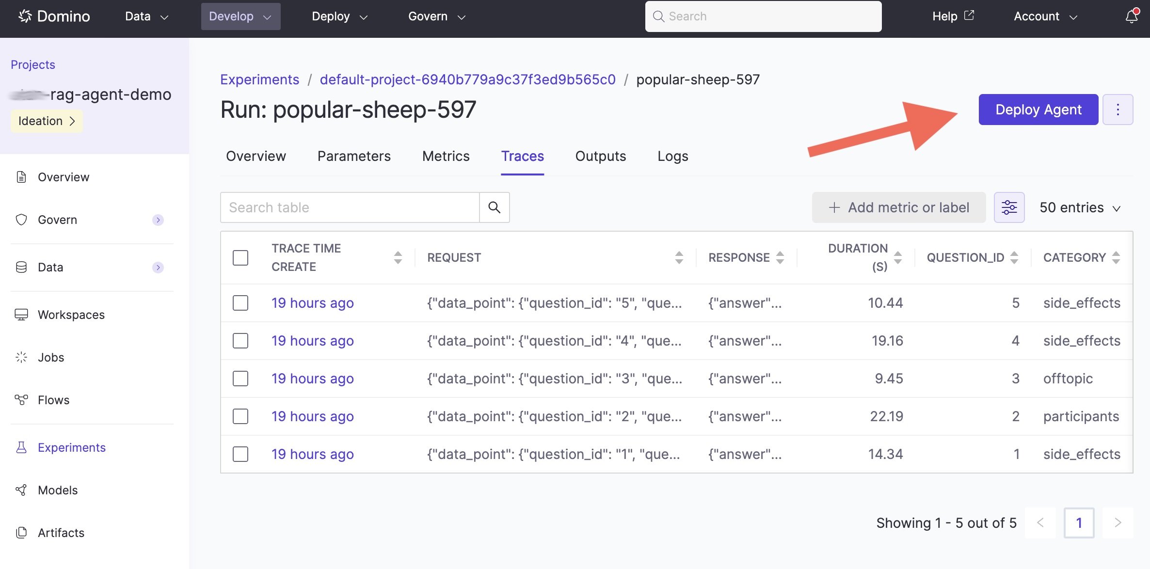 Deploy agent button from Experiment Manager